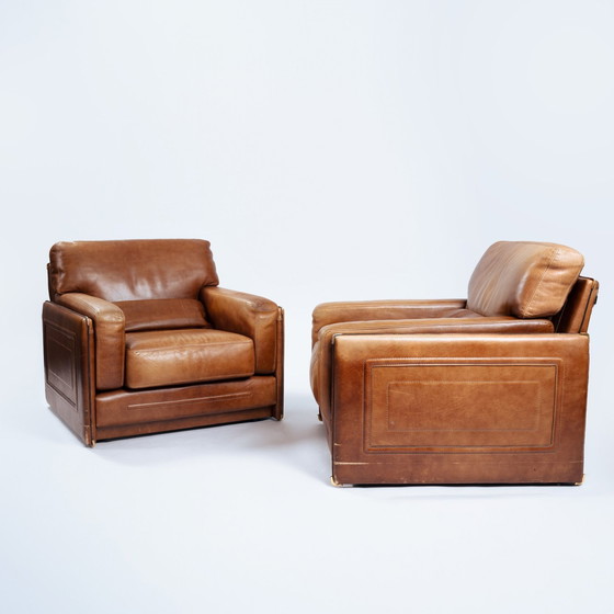 Image 1 of Baxter Arcon Lounge Chairs, Italian Cognac Buffalo Leather Armchairs