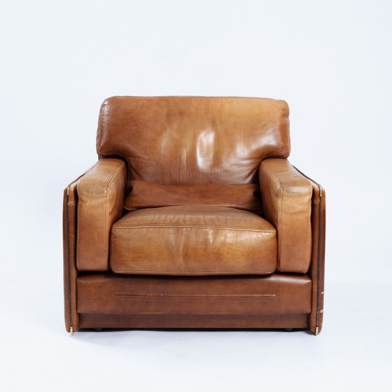 Image 1 of Baxter Arcon Lounge Chairs, Italian Cognac Buffalo Leather Armchairs