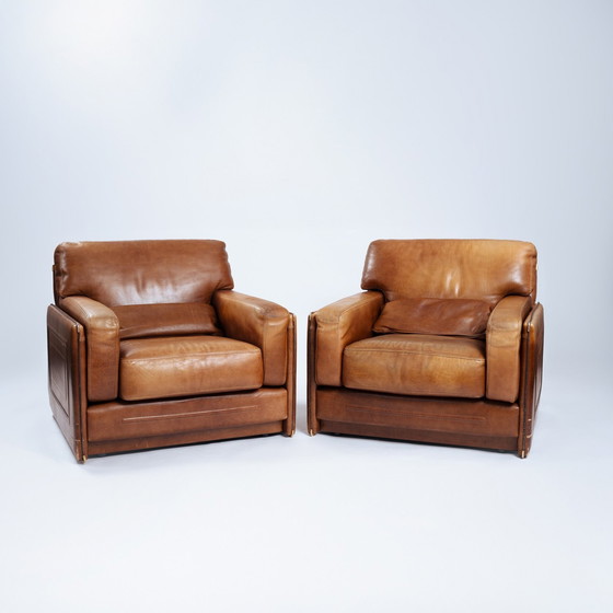 Image 1 of Baxter Arcon Lounge Chairs, Italian Cognac Buffalo Leather Armchairs