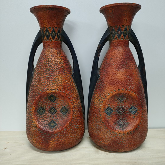 Image 1 of Set of Vintage Oriental 'Gothic' Ceramic Amphora's Vases
