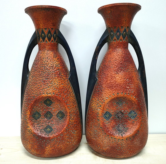 Image 1 of Set of Vintage Oriental 'Gothic' Ceramic Amphora's Vases