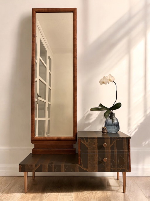 Vintage sideboard with mirror upholstered in Woods & Pears by Cole & Son