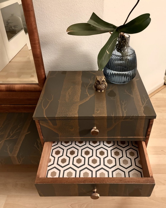 Image 1 of Vintage sideboard with mirror upholstered in Woods & Pears by Cole & Son