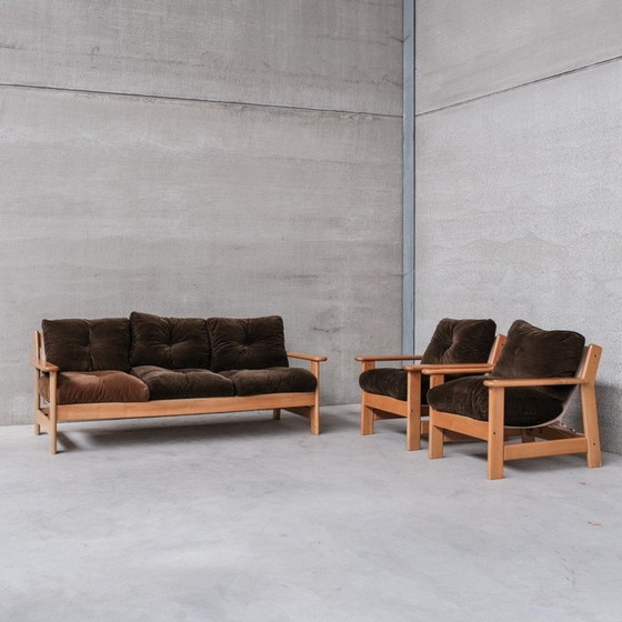 Image 1 of Set of vintage seats in wood, leather and canvas, France 1970