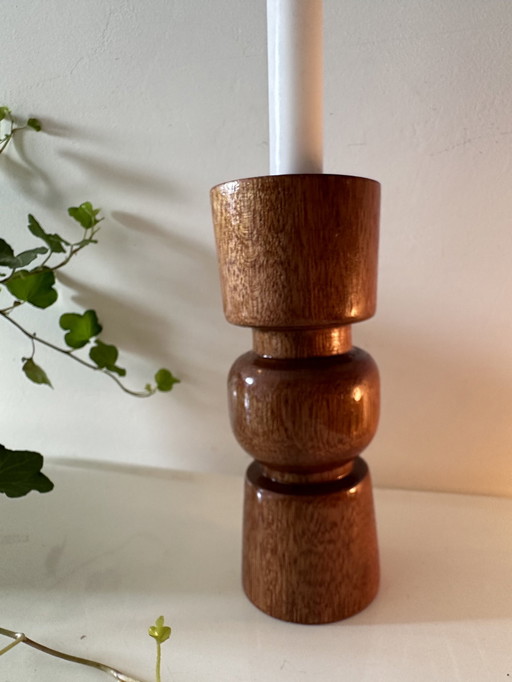 Mid - Century Teak Wooden Candlestick.