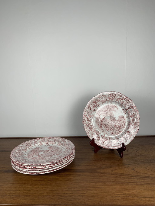 Set Of 6 English Flat Plates, Red Tones