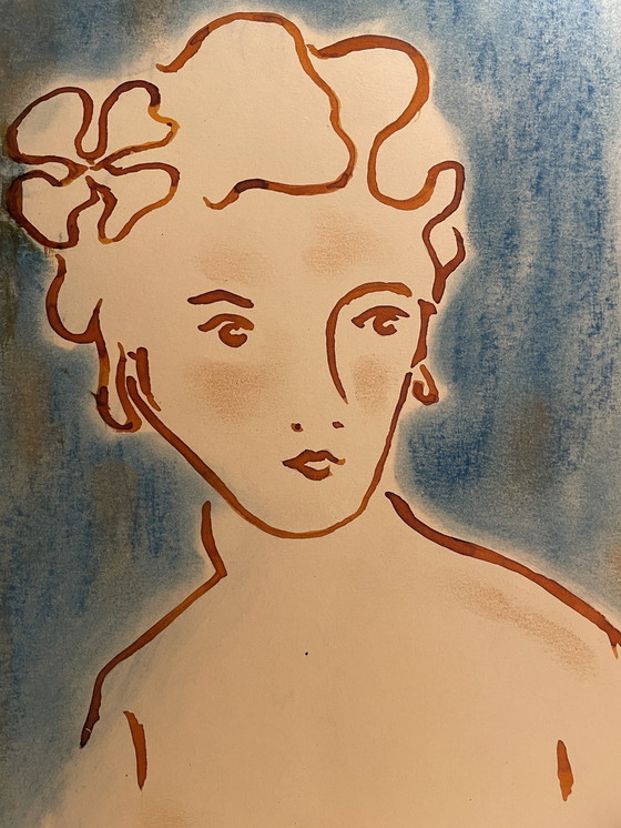 Image 1 of Painting Ink and Pastel Portrait Woman Art Deco