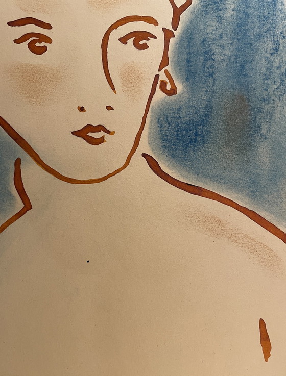 Image 1 of Painting Ink and Pastel Portrait Woman Art Deco