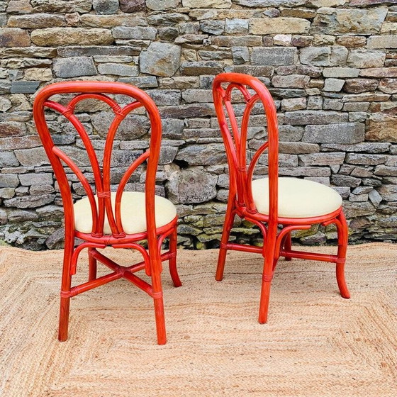 Image 1 of Pair of vintage chairs in red rattan and fabric