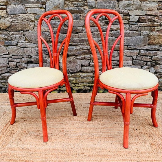 Image 1 of Pair of vintage chairs in red rattan and fabric