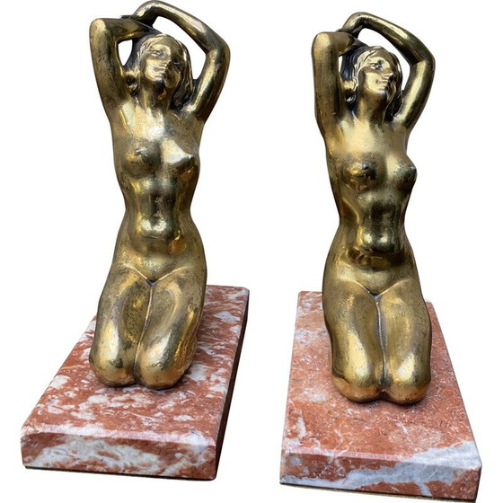 Image 1 of Vintage Art Deco marble bookend depicting 2 kneeling women
