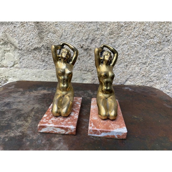 Image 1 of Vintage Art Deco marble bookend depicting 2 kneeling women