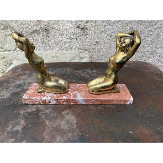 Image 1 of Vintage Art Deco marble bookend depicting 2 kneeling women
