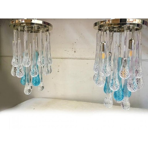 Contemporary Flush Mount In Metal Frame Cromo With Transparent And Blue Big Drops By Simoeng - A Pair