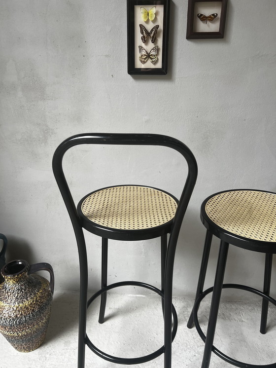 Image 1 of Set Of Two Bar Stools In Thonet Style Metal With Plastic Webbing