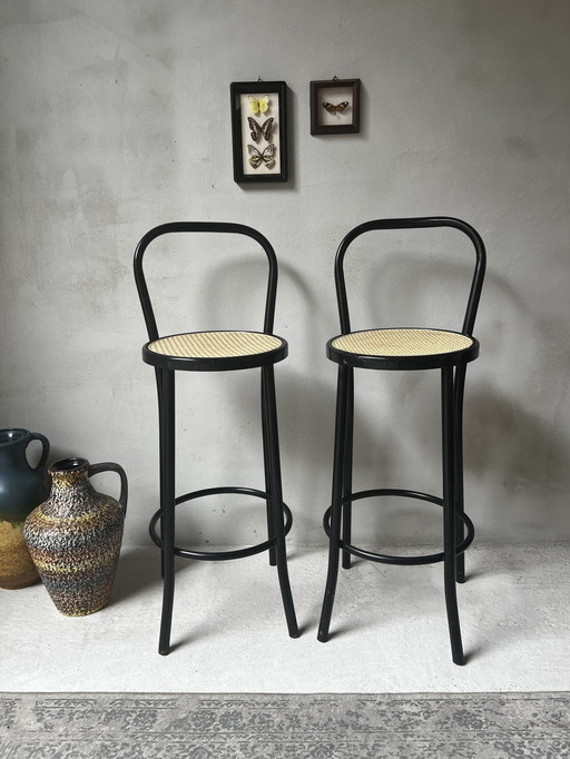 Set Of Two Bar Stools In Thonet Style Metal With Plastic Webbing