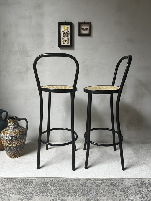 Set Of Two Bar Stools In Thonet Style Metal With Plastic Webbing