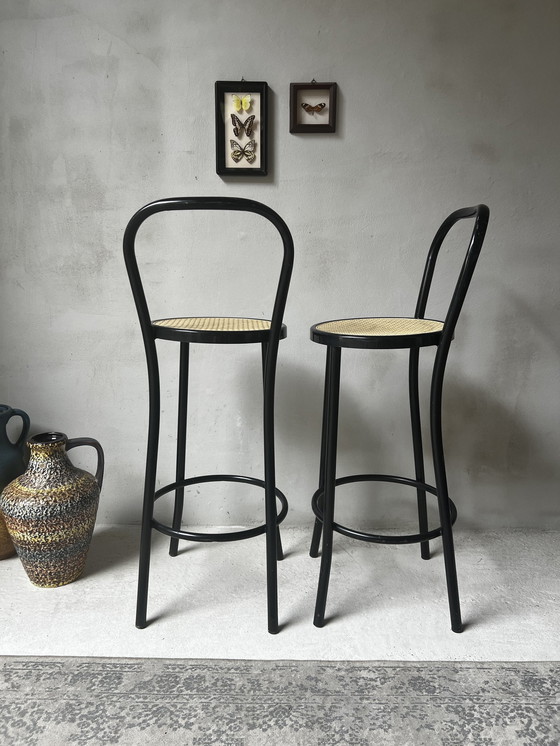 Image 1 of Set Of Two Bar Stools In Thonet Style Metal With Plastic Webbing