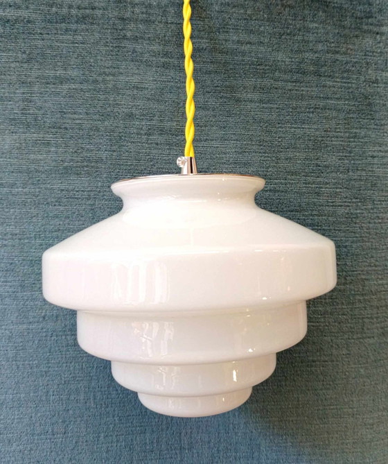 Image 1 of Skyscraper Art Deco White Opaline Hanging Lamp