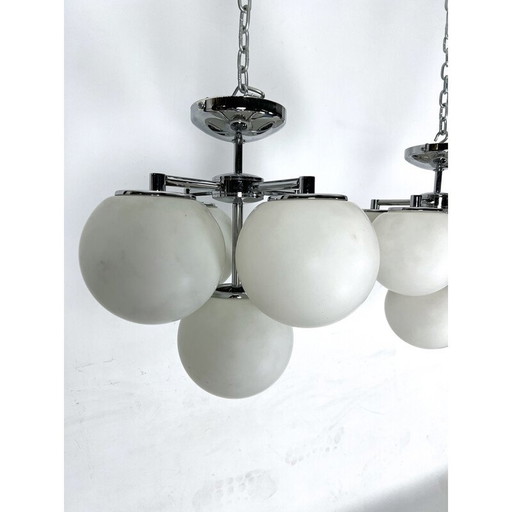 Pair of vintage pendant lamp in chrome and opaline glass, Italy 1980