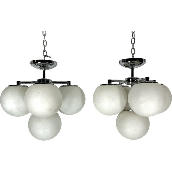 Image 1 of Coppia di lampade a sospensione vintage in cromo e vetro opalino, Italia 1980