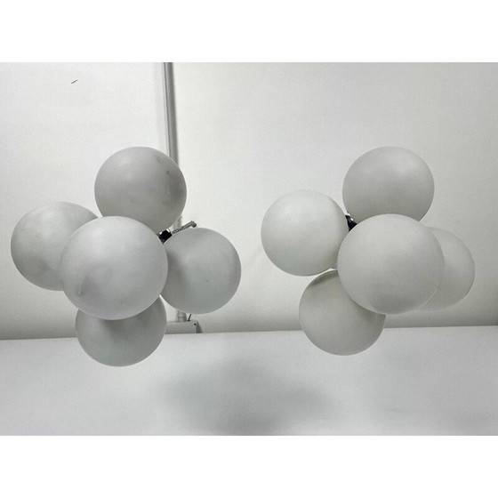 Image 1 of Coppia di lampade a sospensione vintage in cromo e vetro opalino, Italia 1980