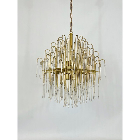 Image 1 of Lampadario italiano in ottone e vetro di metà secolo, anni '70