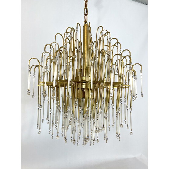 Image 1 of Lampadario italiano in ottone e vetro di metà secolo, anni '70