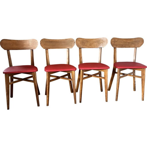 Set of 4 vintage chairs in wood and red vinyl