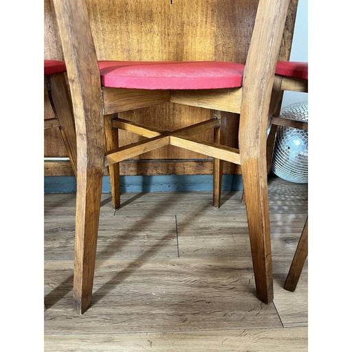 Set of 4 vintage chairs in wood and red vinyl