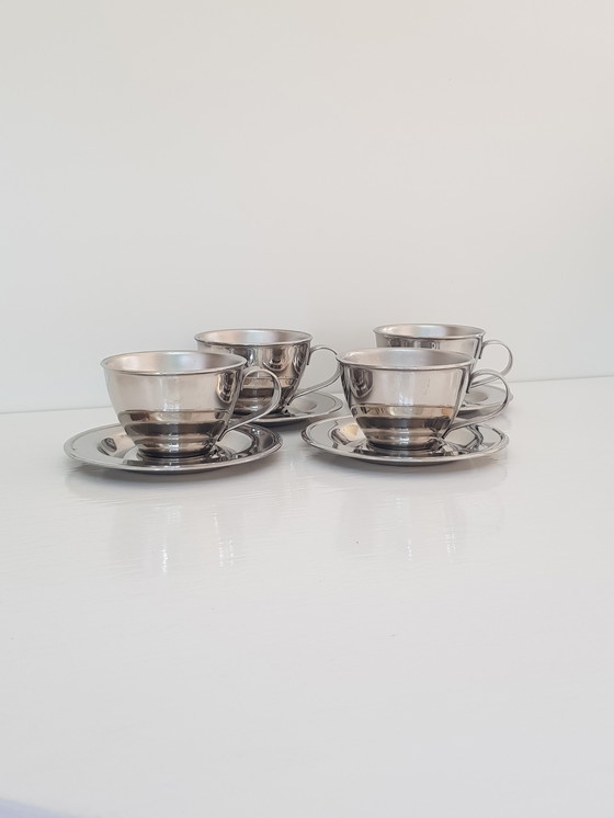 Image 1 of 4x Tasse et soucoupe expresso design en acier inoxydable Nanni Italy P&B