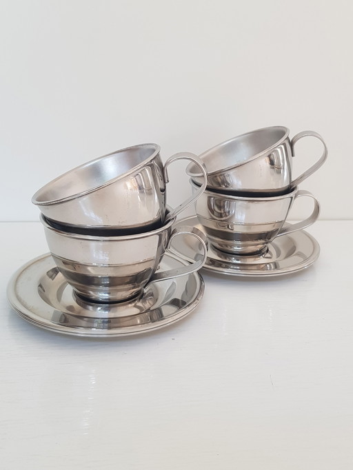 4x Tasse et soucoupe expresso design en acier inoxydable Nanni Italy P&B