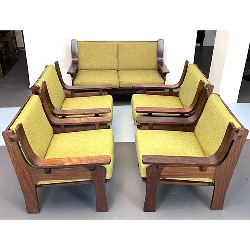 Mid-century living room set in wood and green fabric, Italy 1960s