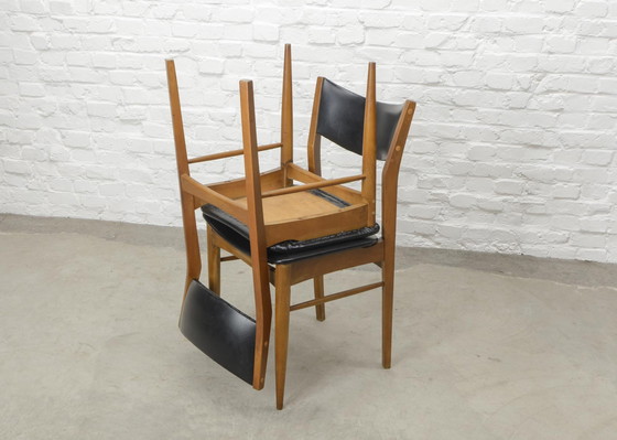 Image 1 of 6x Mid-Century Design Solid Wood Dining Chairs with Black Leatherette Backrest and Seating, 1960s