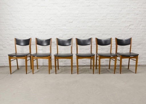 6x Chaises de salle à manger en bois massif de style Mid Century avec dossier et assise en simili-cuir noir, années 1960