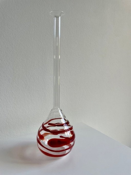 Vase Transparent With Red Swirl/Spiral - Glass Art Unica