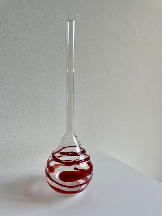 Image 1 of Vase Transparent With Red Swirl/Spiral - Glass Art Unica