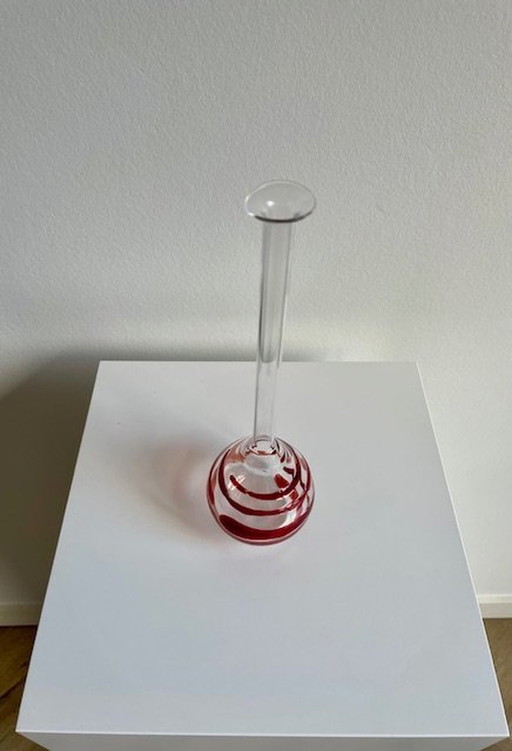 Vase Transparent With Red Swirl/Spiral - Glass Art Unica