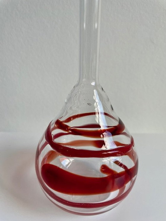 Image 1 of Vase Transparent With Red Swirl/Spiral - Glass Art Unica