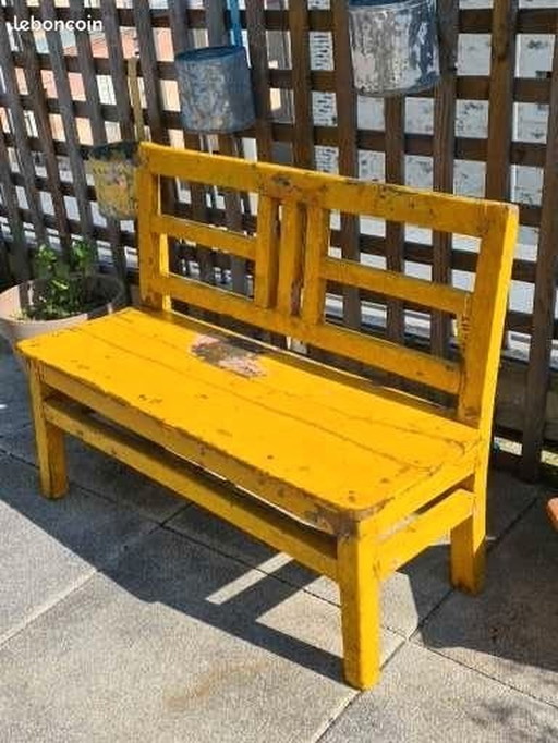 Antique Yellow Patina Teak School Bench