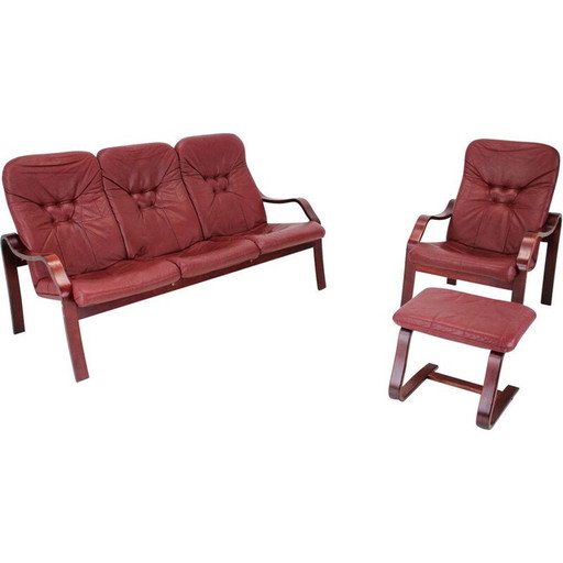 Vintage leather and bent beechwood living room set by Ton, Czechoslovakia 1980