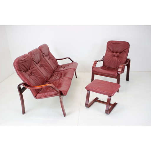 Vintage leather and bent beechwood living room set by Ton, Czechoslovakia 1980