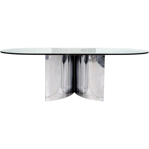 Vintage coffee table in chrome steel and rounded glass top, Italy 1970