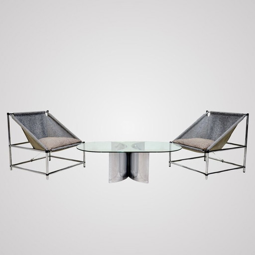 Vintage coffee table in chrome steel and rounded glass top, Italy 1970