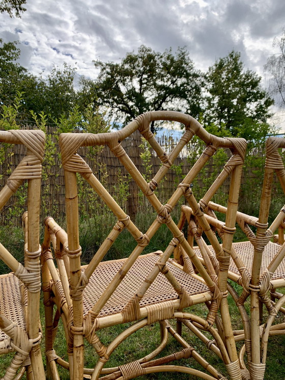 Image 1 of 4x Chaises en rotin vintage avec bambou et canne de fosse, set