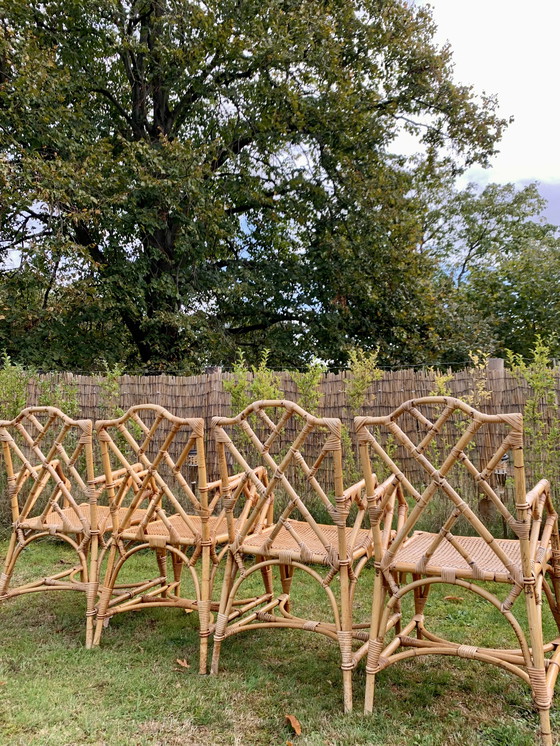 Image 1 of 4x Chaises en rotin vintage avec bambou et canne de fosse, set