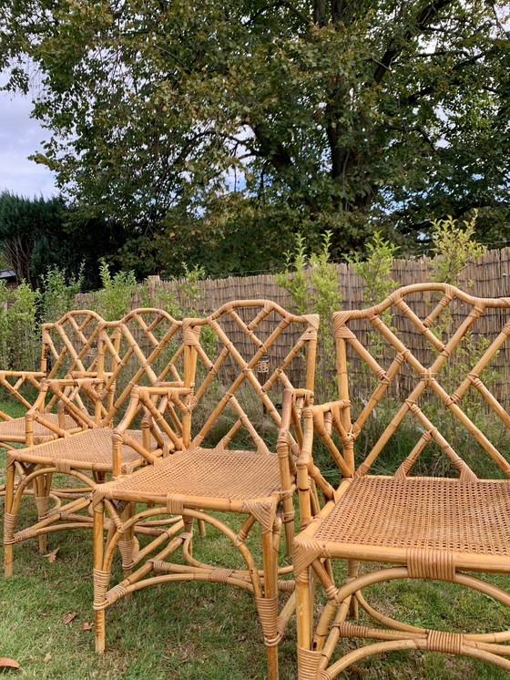 Image 1 of 4x Chaises en rotin vintage avec bambou et canne de fosse, set