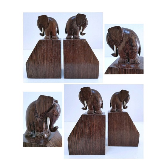 Image 1 of Par de sujetalibros de madera con forma de elefante, 1960