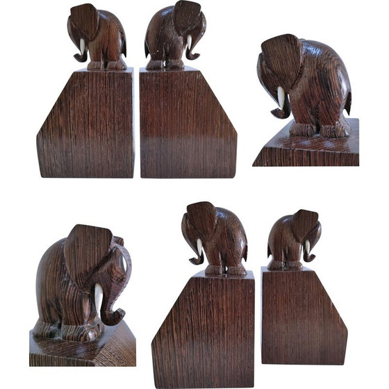 Image 1 of Par de sujetalibros de madera con forma de elefante, 1960