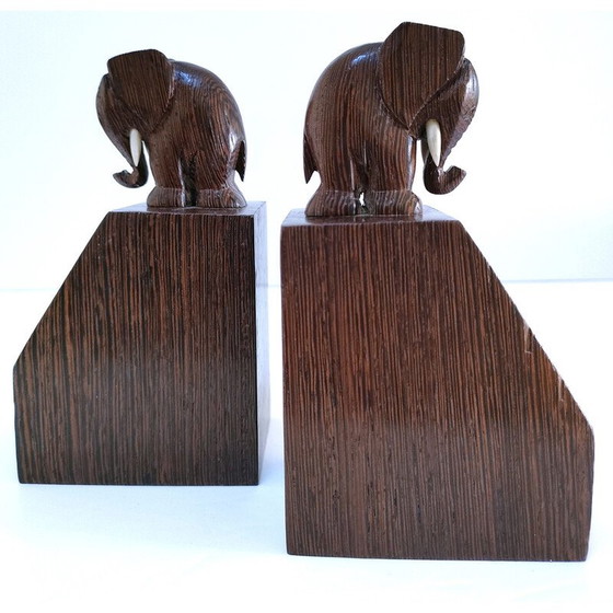 Image 1 of Par de sujetalibros de madera con forma de elefante, 1960